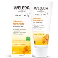Weleda Calendula Toothpaste 75ml tube and box, white with orange text and calendula flower image.