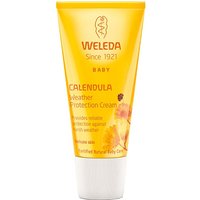 Yellow Weleda Calendula Weather Protection Cream tube, 30ml, with orange text and calendula flower image.