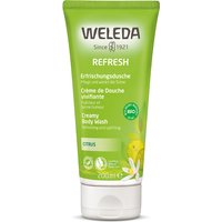 Green Weleda Citrus Creamy Body Wash tube, 200ml, with lemon and flower graphics, labeled "Refresh" and "BIO".