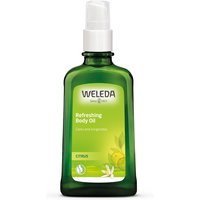 Green bottle of Weleda Citrus Refreshing Body Oil 100ml with white pump and citrus label design.
