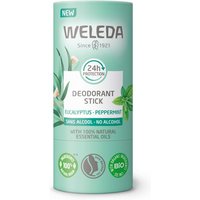 Weleda Eucalyptus & Peppermint deodorant stick, green packaging, 50g, with leaf design and 24h protection label.