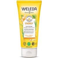 Yellow Weleda Energy Aroma Shower Gel 200ml tube with citrus and pine illustrations.