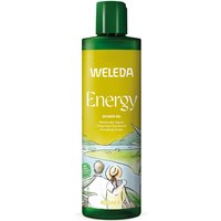 Weleda Energy Ginger Body Wash, 400ml green bottle with yellow label and scenic illustration.