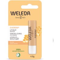 Weleda Everon Lip Balm 4.8g in beige tube with white cap, packaged on a green and white card with honeycomb design.