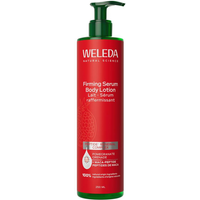 Red Weleda Firming Serum Body Lotion bottle with pump, 250ml, featuring pomegranate design and white text.