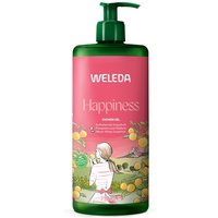 Green bottle of Weleda Happiness Grapefruit Shower Gel 750ml with pink label and pump dispenser.