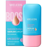 Blue and pink Weleda Hyaluronic Face Serum Drops bottle with matching box, 30ml, featuring snow mushroom graphic.