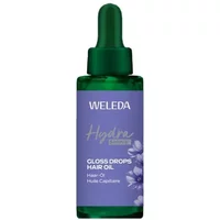 Weleda Hydra Shine Hair Oil Gloss Drops in green bottle with purple label and dropper cap, 30ml.
