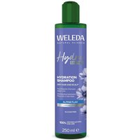 Weleda Hydra Shine Shampoo, purple bottle, green cap, 250ml, features hyaluron and alpine flax graphics.