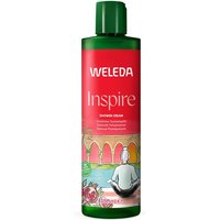 Weleda Inspire Pomegranate Creamy Body Wash 400ml, green bottle with red label and artistic design.