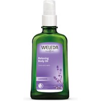 Weleda Lavender Relaxing Body Oil 100ml in green bottle with white pump and purple label featuring lavender graphics.