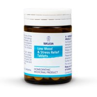 Weleda Low Mood & Stress Relief Tablets in brown bottle with white cap and blue label, 80 tablets.