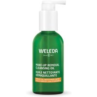 Green bottle of Weleda Make-up Removal Oil 150ml with white pump and label detailing in white and orange.
