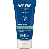 Blue tube of Weleda Men's 2in1 Face Wash, 100ml, with white cap and green certification logos.