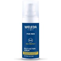 Blue Weleda Men's 5in1 Multi Action Serum bottle with white pump and label detailing age protection benefits.