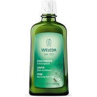 Green bottle of Weleda Pine Reviving Bath Milk 200ml with white cap and pine-themed label.