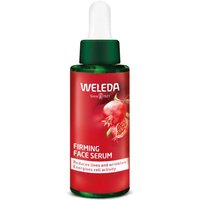 Weleda Pomegranate & Maca Root Firming Serum 30ml in a red bottle with a green cap and dropper.