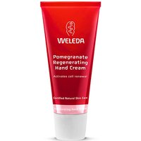 Red tube of Weleda Pomegranate Regenerating Hand Cream, 50ml, with white text and logo, featuring a pomegranate icon.