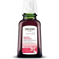 Weleda Ratanhia Mouthwash 50ml in a dark amber bottle with a white cap and label featuring red accents.