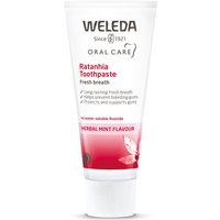 Weleda Ratanhia Toothpaste 75ml tube with red text, white cap, and herbal mint flavor label.