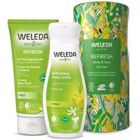 Weleda Refresh Body & Soul Gift Set with citrus body lotion, shower cream, and floral-patterned cylindrical box.