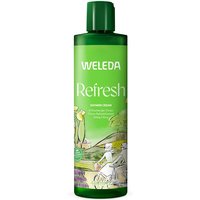 Weleda Refresh Citrus Creamy Body Wash 400ml in a green bottle with nature illustrations and a green cap.