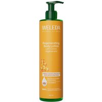 Weleda Regenerating Body Lotion with Sea Buckthorn in orange bottle with green pump dispenser.
