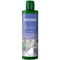 Green bottle of Weleda Relax Lavender Creamy Body Wash with purple label and lavender field illustration, 400ml.
