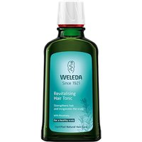Weleda Revitalising Hair Tonic in a green 100ml bottle with a white cap and blue label featuring rosemary graphics.