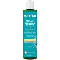 Weleda Rosemary Revitalising Shampoo, green bottle with white cap, hyaluronic acid label, 250ml size.
