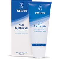 Weleda Salt Toothpaste 75ml tube with blue and white design, next to matching box.