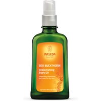 Green glass bottle of Weleda Sea Buckthorn Body Oil with pump dispenser and orange label, 100ml size.