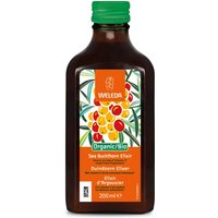 Brown glass bottle of Weleda Sea Buckthorn Elixir with green cap and vibrant orange label featuring sea buckthorn berries.