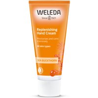 Weleda Sea Buckthorn Hand Cream 50ml in orange tube with white cap and text detailing benefits.