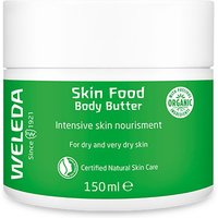 Weleda Skin Food Body Butter 150ml in a green and white jar, labeled for dry skin nourishment.
