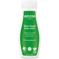 Green Weleda Skin Food Body Lotion bottle, 200ml, with white cap and text for dry to very dry skin.