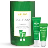 Weleda Skin Food Essentials Gift Set with green packaging, includes skin cream and lip balm tubes.
