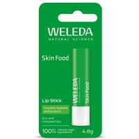 Weleda Skin Food Lip Stick, green tube with white cap, 4.8g, vegan formula packaging.
