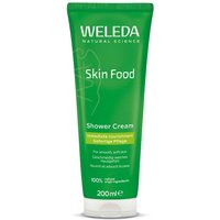 Green Weleda Skin Food Shower Cream tube, 200ml, with white text and logo, labeled vegan and natural ingredients.