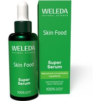 Weleda Skin Food Super Face Serum in green bottle with dropper, hyaluronic acid, ceramides, green box packaging.