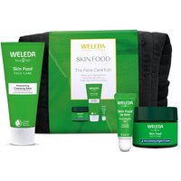 Weleda Skin Food Face Care Edit Gift Set with green packaging, includes cream tube, balm, and moisturizer jar.