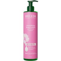 Pink Weleda Smoothing Body Lotion bottle with green pump, featuring wild rose graphic, 250ml size.