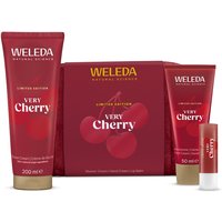 Weleda Very Cherry Gift Set with red tubes, cherry graphics, includes lotion, cream, and lip balm in festive packaging.
