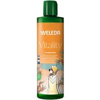 Weleda Vitality Sea Buckthorn Creamy Body Wash 400ml, green cap, orange label with beach illustration.