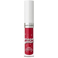 Wet 'n Wild Mega Glitter Shimmer Liquid Lipstick, red with glitter, white cap, clear tube showing product.