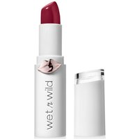 Wet 'n Wild Megalast High-Shine Lipstick in Raining Rubies, deep red shade, white tube with pink lip logo, cap off.