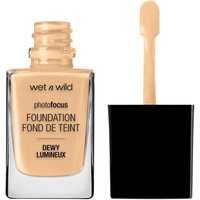 Wet 'n Wild Photo Focus Dewy Foundation in Soft Beige, 28 ml, square bottle with black cap and applicator wand.