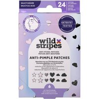 Wild Stripes Anti-Pimple Patches box, holographic design, 24 pieces, star and heart shapes, purple and black accents.