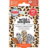 Wild Stripes Classic Sensitive plasters, 20 pcs, with leopard, zebra, and colorful animal print designs on the box.