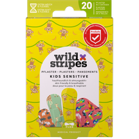 "Wild Stripes Kids Sensitive bandages, jungle-themed, 20 pcs, featuring colorful animal designs on yellow packaging"